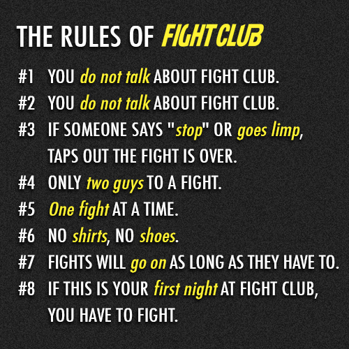 Fight Club (1999)  Quote (About rules of fight club rules do not talk about fight club)