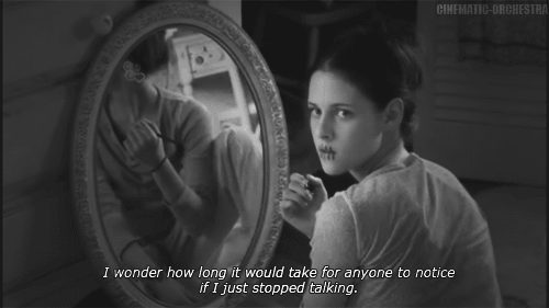 Speak (2004)  Quote (About talk stopped talking stitches shut stitches shut up sewed mouth sad quiet noisy gifs black and white)