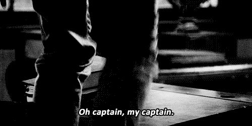 Dead Poets Society (1989) Quote (About standing on desks o captain my captain gifs black and white)