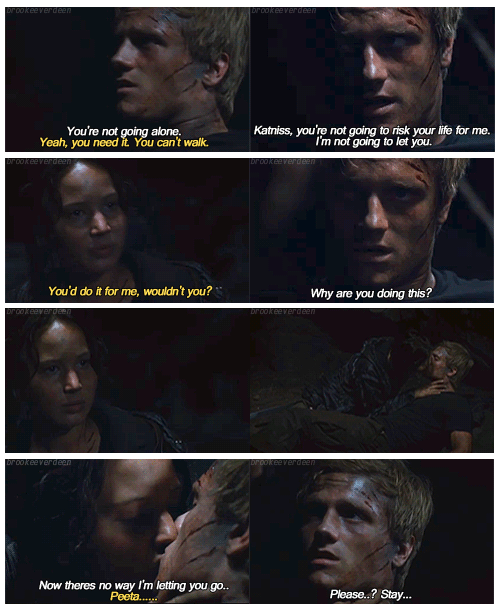 The Hunger Games (2012) Quote (About star crossed lovers p & k kissing district 12 cave scene)