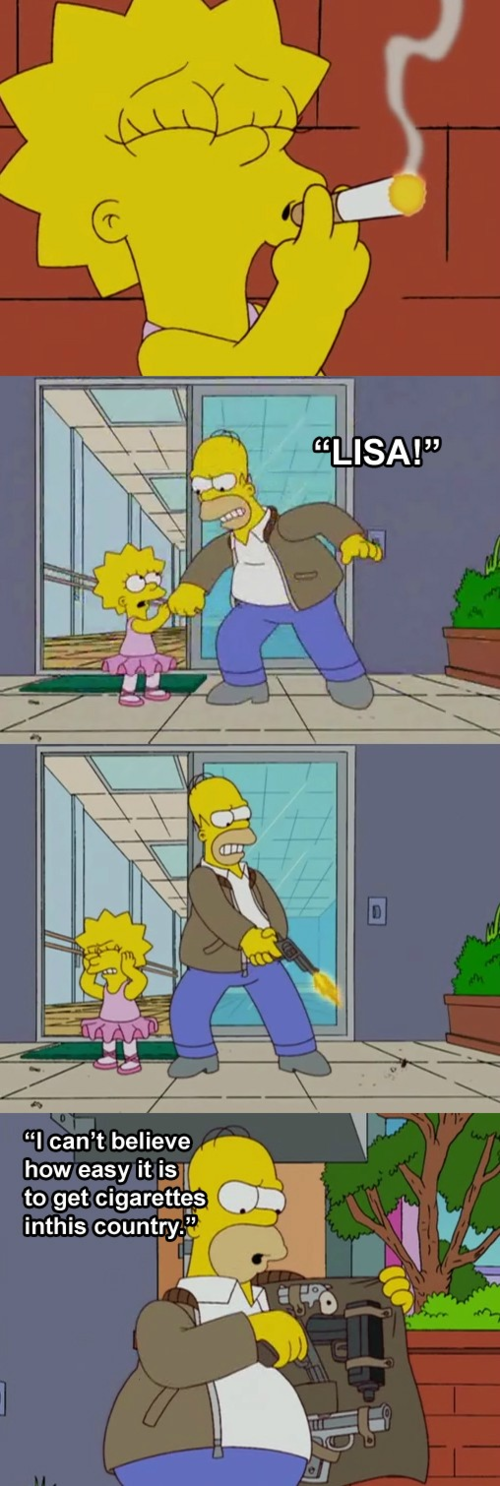 The Simpsons Quote (About tragedy Taxas smoking shooting school shooting Sandy Hook newtown shooting gun laws gun law gun cigarette)