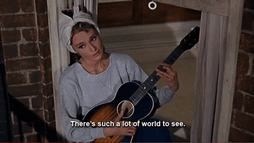 Breakfast at Tiffanys (1961) Quote (About world singing Moon River guitar gifs balcony adventure)