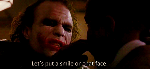 The Dark Knight (2008)  Quote (About smile scary laugh knife horrified haha gifs funny face cut crazy big smile)